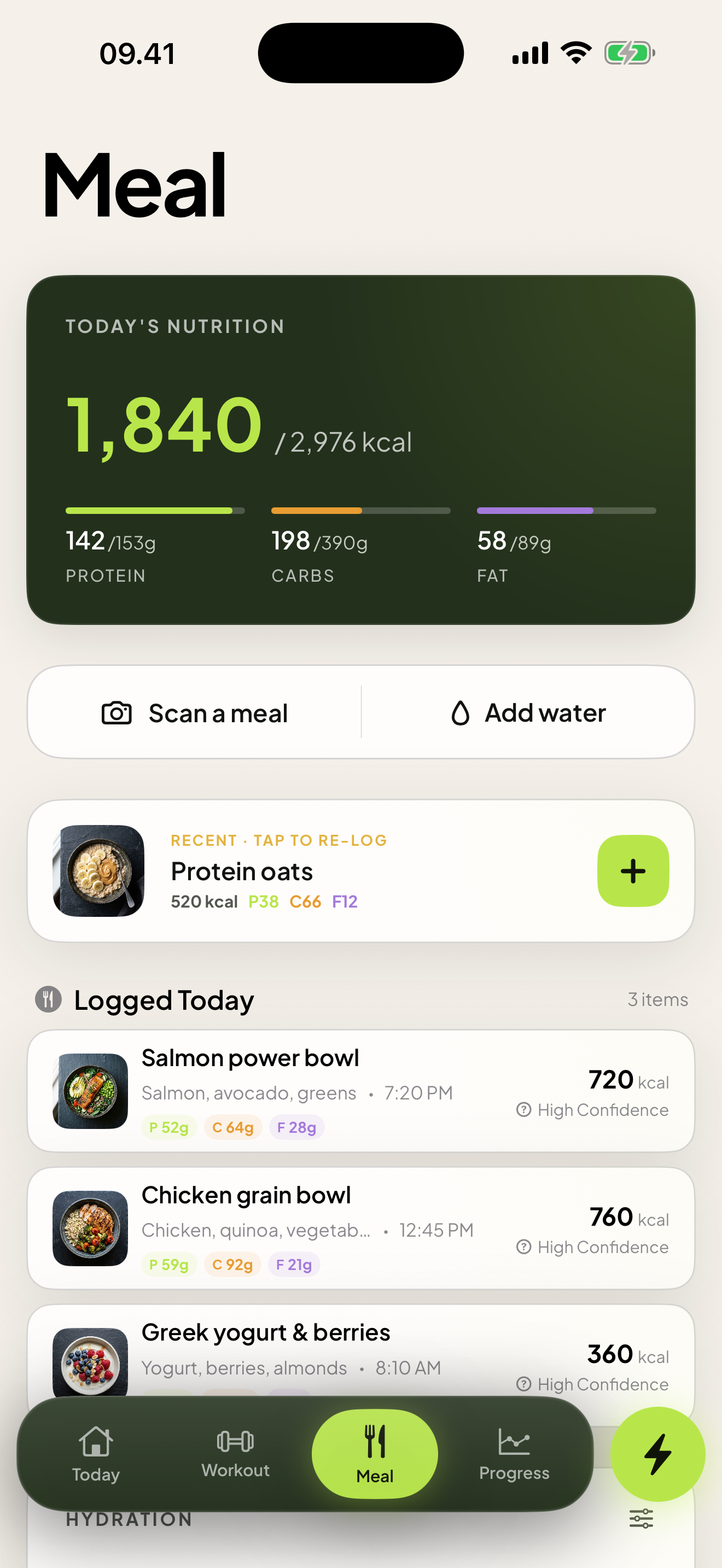 Meal: today's nutrition and the food logged so far.