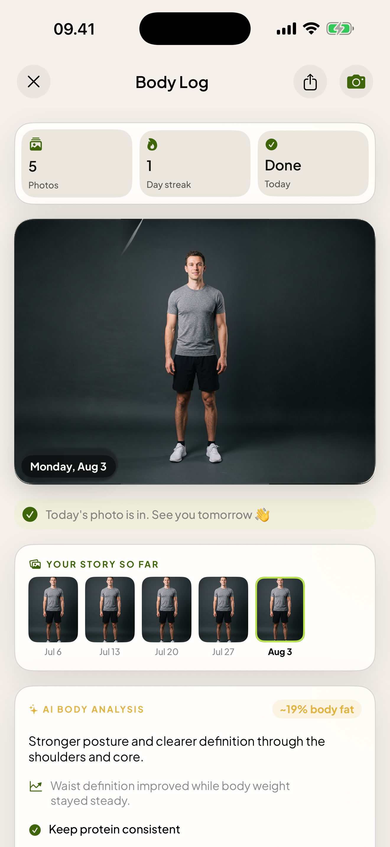Body Log: the photo history and an AI read of what changed.