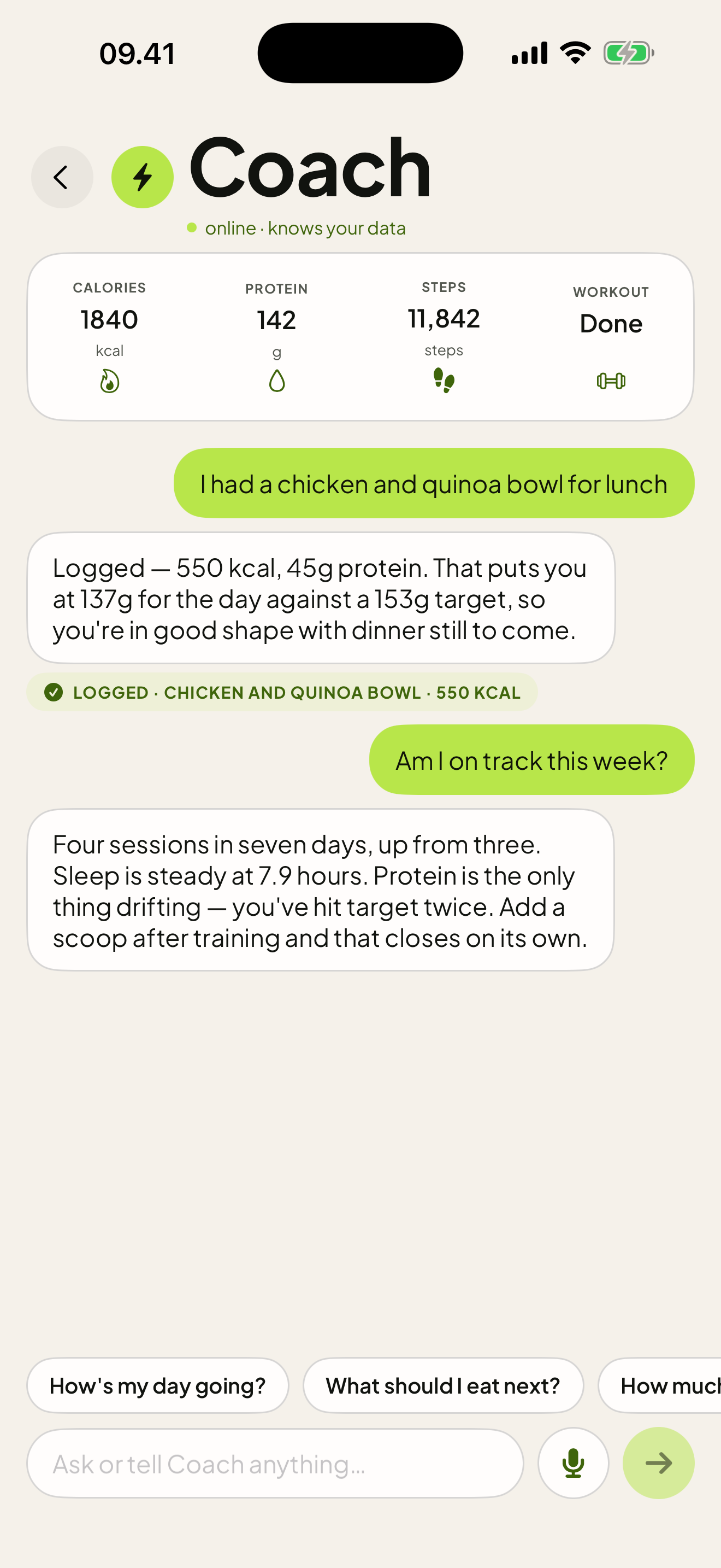 The Coach chat answering with the day's real numbers.
