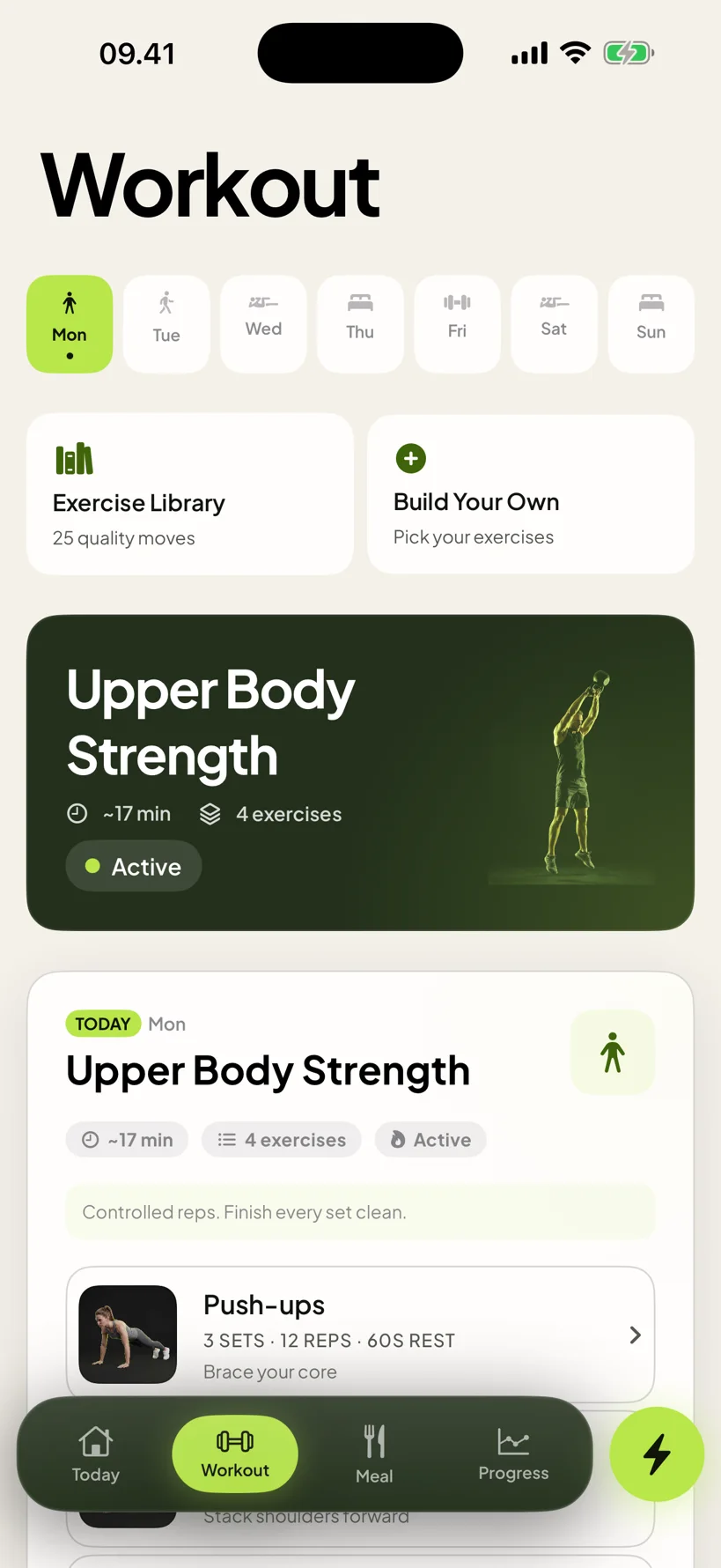 Workout: the week's sessions and the exercise library.