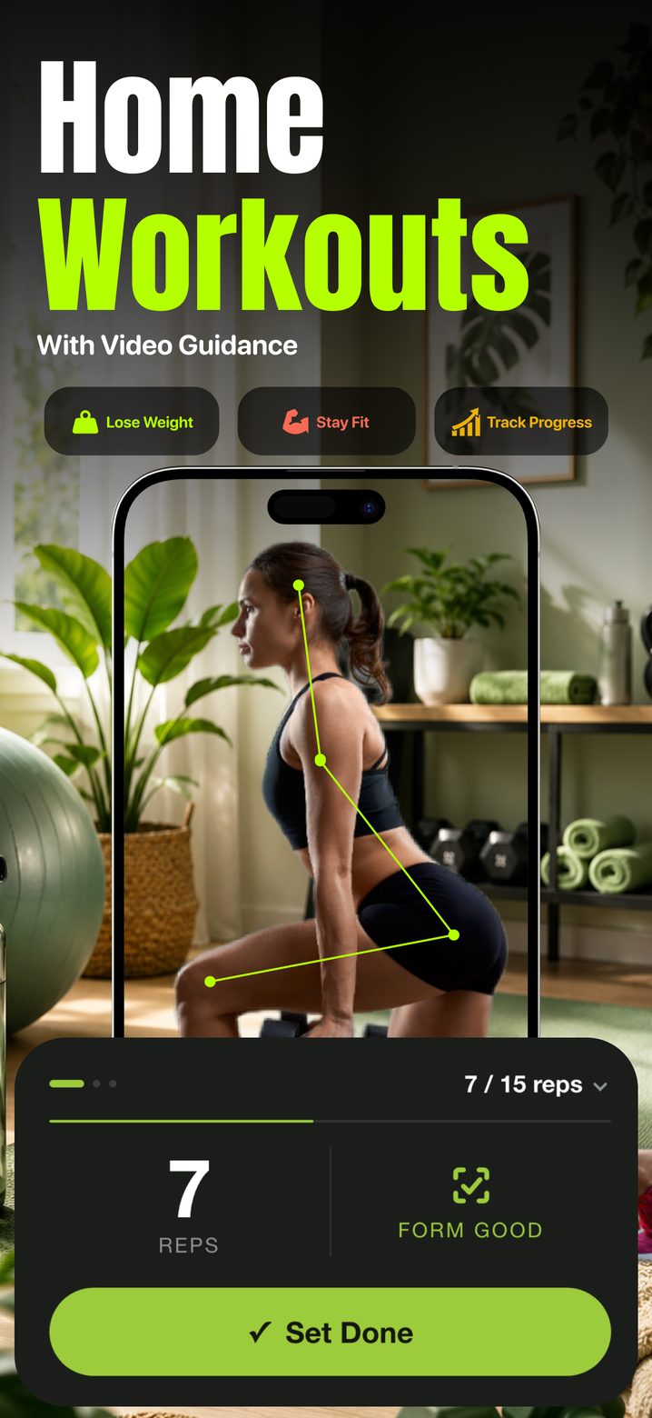 App Store screenshot: home workouts with video guidance.